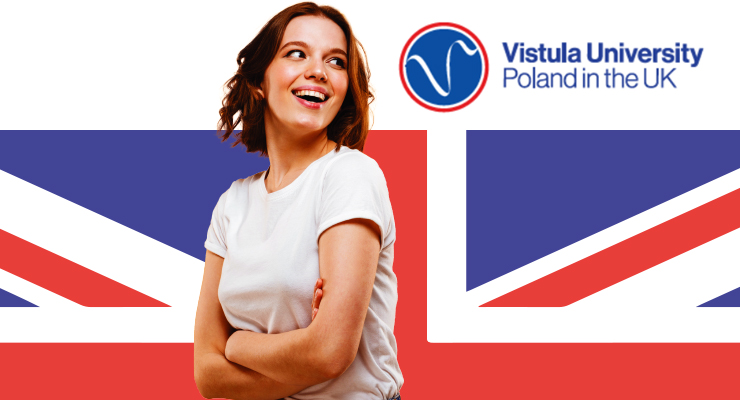 Girl, British flag, Vistula's logo